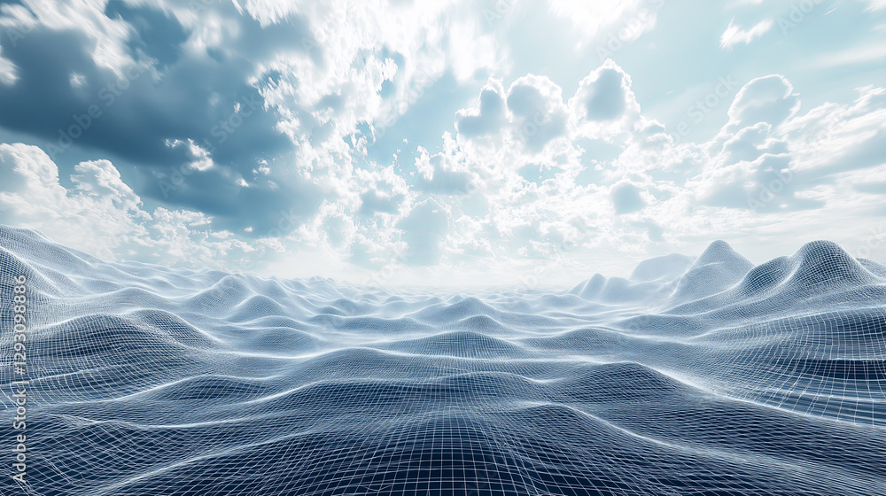 Poster A futuristic wireframe landscape extending into infinity