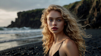 Obraz premium Portrait of a beautiful woman on a beach with black sand against the background of the sea. Romantic, calm and sensual photo of a girl in a delicate black dress.