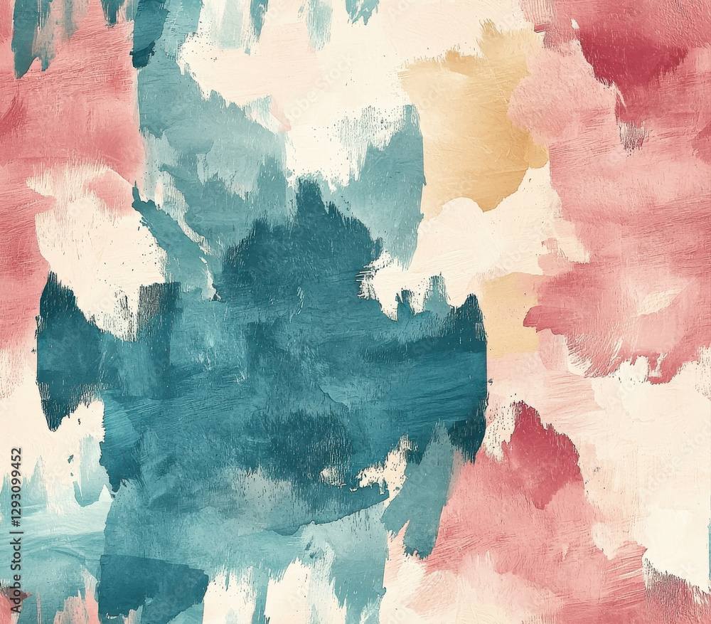 Poster muted blush, dusty teal, and warm tones create soft abstract pattern, seamless pattern style.