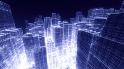 Fototapeta premium Futuristic cityscape, digital architecture, glowing city blocks.