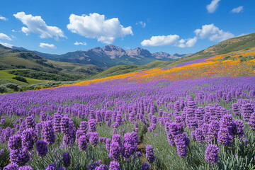 Fototapeta premium Vibrant Tapestry, Lavender and Poppy Fields in the Mountain Valley