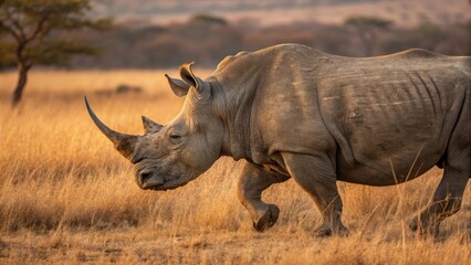 Fototapeta premium a majestic rhino walking across a savanna. Its horn is prominent, and it moves powerfully through the tall grass during the golden hour
