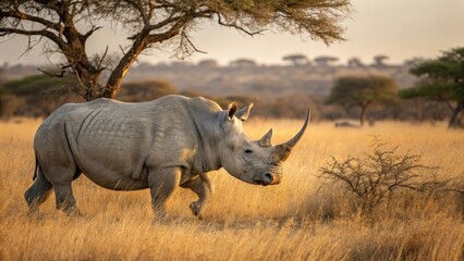 Obraz premium a powerful rhinoceros walking through a dry savanna landscape, under a warm sky