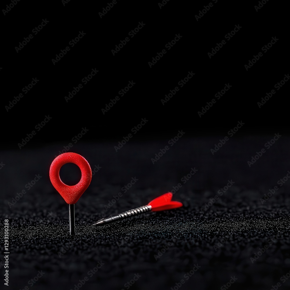 Poster a close-up of a red map pin and dart on a dark textured background, symbolizing precision.