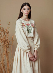 Fototapeta premium young woman in a long beige traditional embroidered dress made of natural linen on a beige background, in the background decor of dried plants and flowers