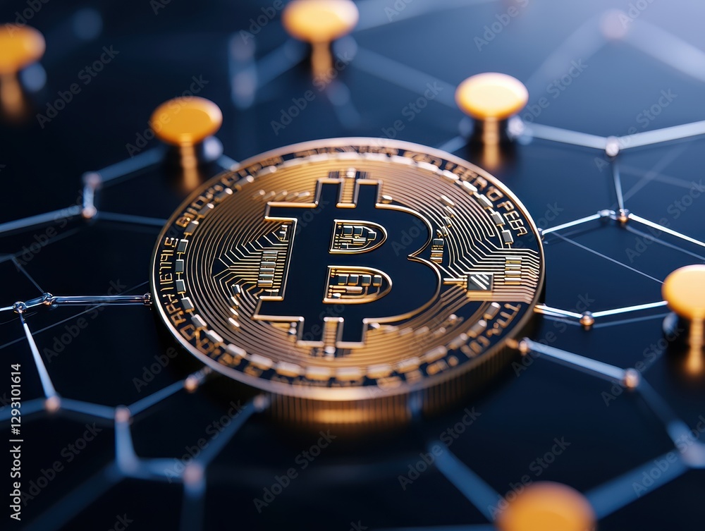 Poster a close-up view of a bitcoin coin against a digital network background.