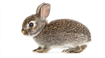 Obraz premium Cute fluffy baby rabbit with soft golden fur sitting on a white background, perfect for Easter, spring, pet lovers, and animal-themed designs