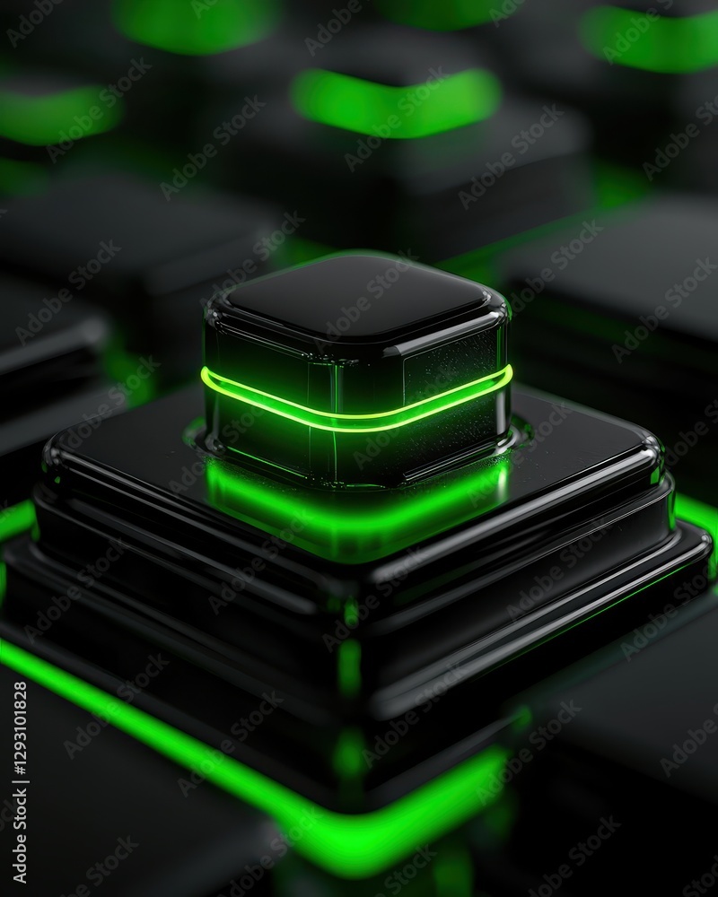 Poster a close-up view of a black keyboard key with a neon green outline glowing intensely.