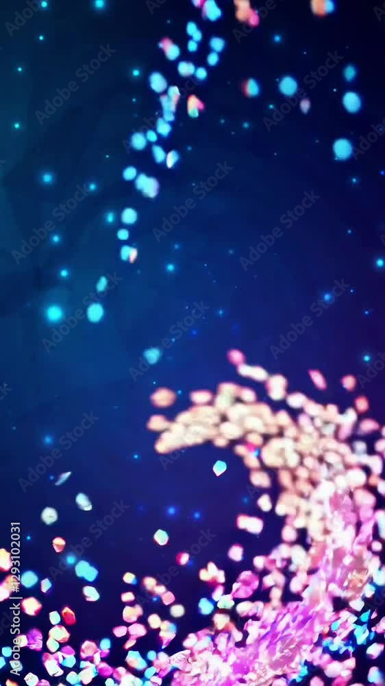 Poster dynamic neon particle swirl transforming into mesmerizing abstract cosmic patterns