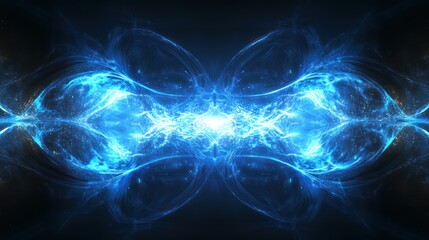 Abstract symmetrical energy burst,  glowing blue fractal patterns, dark background.