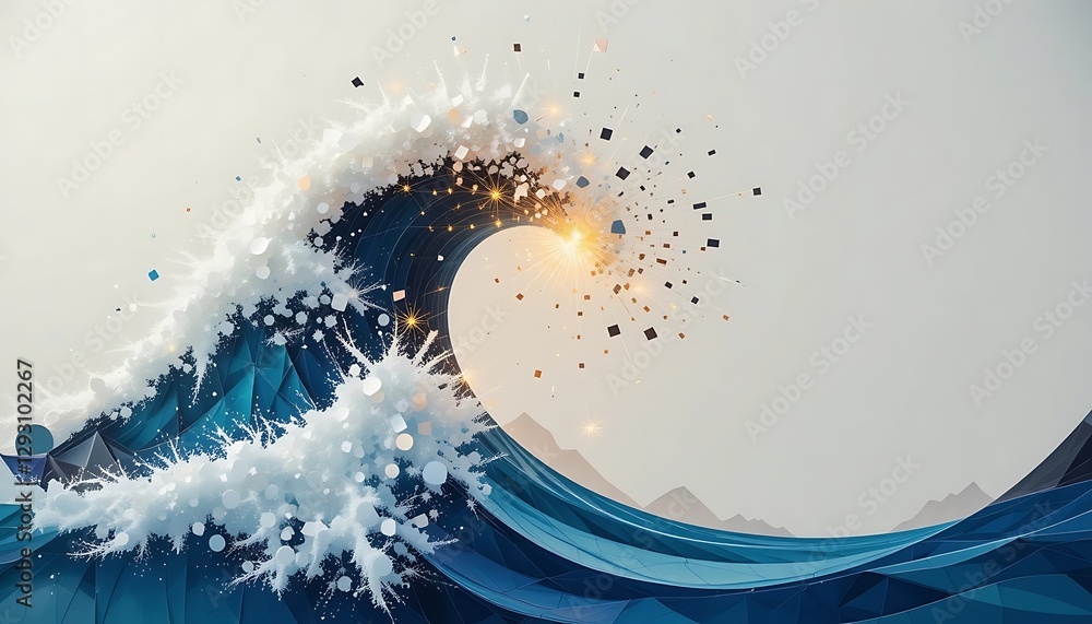Poster abstract geometric wave with sparkling particles and light burst effect