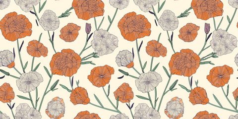 Handcrafted Orange and white poppy floral pattern,
 for gift wrap and wallpaper
