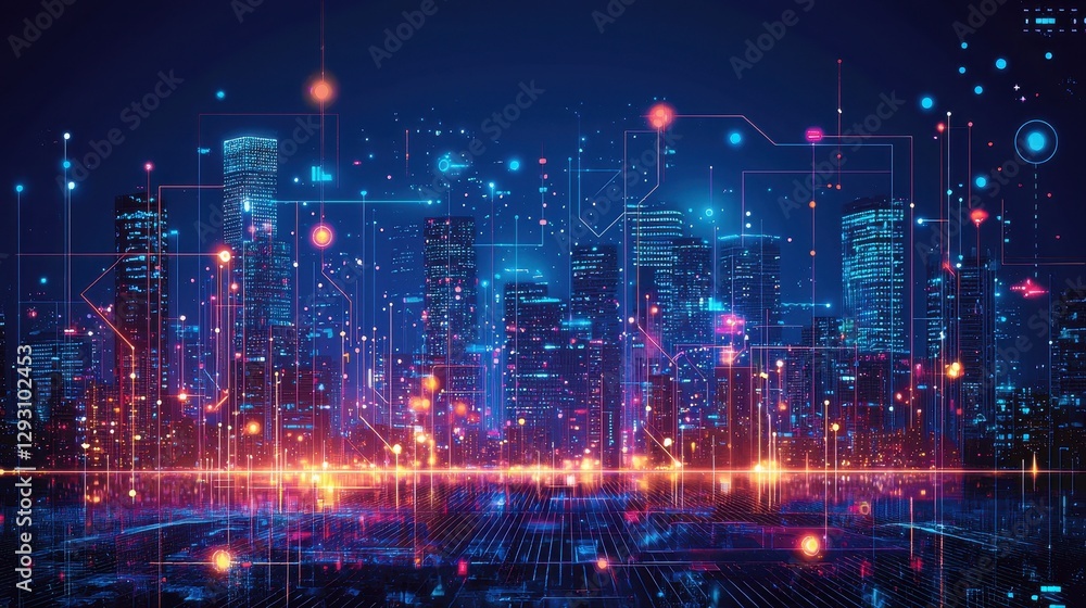 Poster futuristic city illuminated by neon lights creating a dazzling display of color and energy in the ur