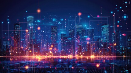Obraz premium Futuristic city illuminated by neon lights creating a dazzling display of color and energy in the urban landscape