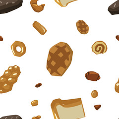 Seamless pattern of various bread types. Waffles, loaf, baguette, pretzel, croissant and other baked goods.