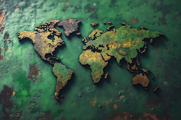 A rusty metal world map on a green surface