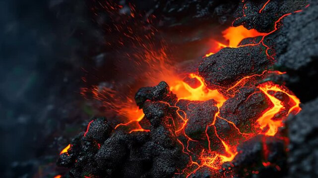 Glowing molten lava flowing through dark volcanic rocks, creating an intense fiery scene. The hot magma illuminates the rugged landscape with bright orange and red hues.