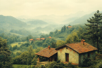 Hidden Houses Amidst Verdant Mountains, A Serene Countryside Vista