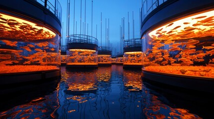 Glowing Fish Tanks at Dusk in a Calm Water Setting