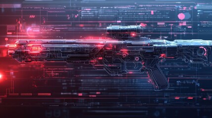 Fototapeta premium Futuristic weapon displayed against a digital background emphasizing modern technology and advanced armament capabilities