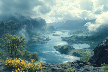 Mystic Archipelago, Verdant Islands Under Ethereal Cloud Veil