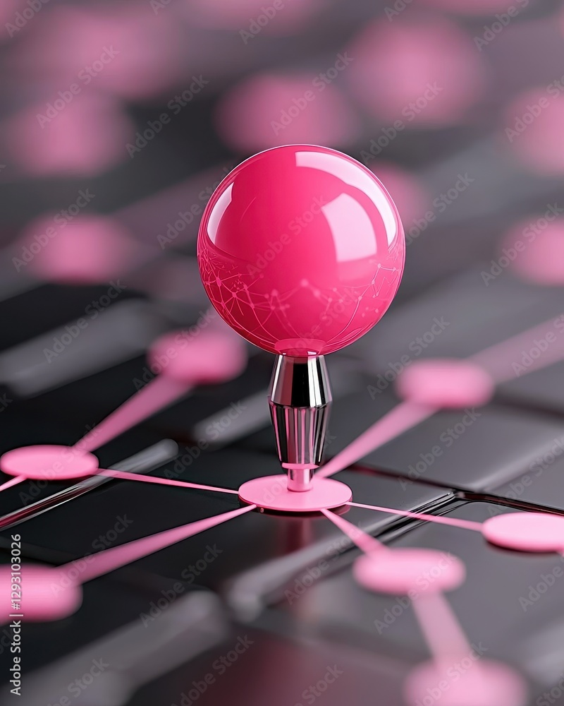 Poster a close-up view of a pink map pin on a modern digital network background.