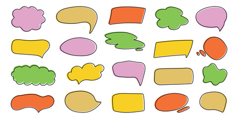 Speech bubble set in trendy doodle style. Handwritten Chat balloons for text, dialog icon, comic comments. Message in cloud frame, talk box. Cute isolated vector illustration on white background.