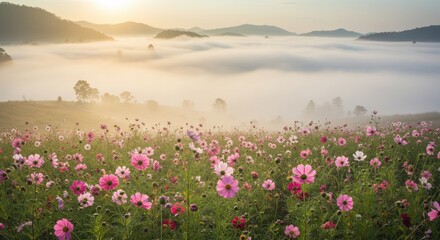 Obraz premium Serene morning landscape with blooming flowers in the foreground and misty mountains at sunrise