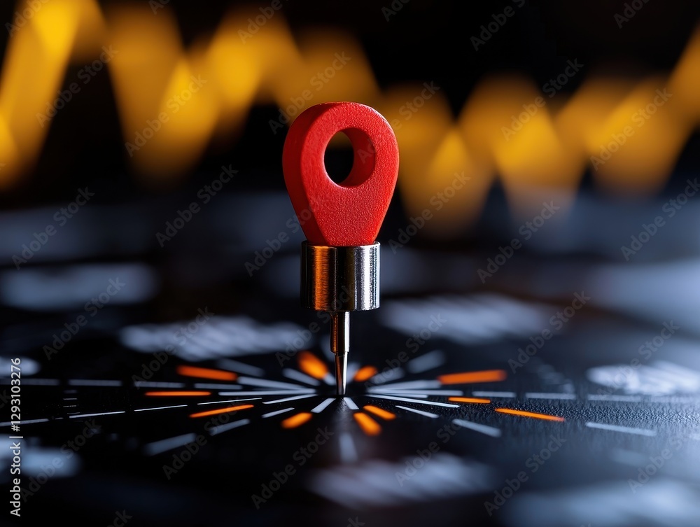 Poster a close-up view of a red pin indicator placed on a black and orange graph background.