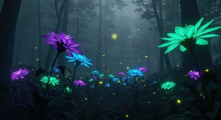 Enchanted forest filled with glowing flowers in various colors, illuminated by fireflies at dusk