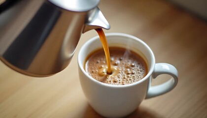 Pouring Rich Dark Coffee From A Silver Pot Into A White Mug On Wooden Table