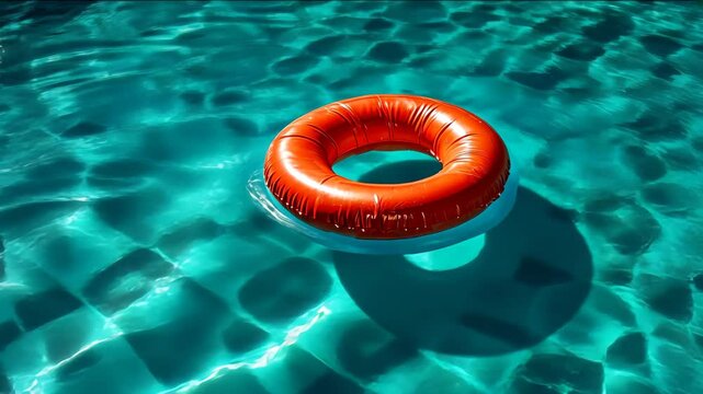 Vibrant red life ring floats in clear blue water pool, creating serene summer atmosphere perfect for relaxation.
