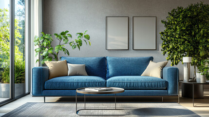 Modern living room with a blue sofa, embodying simplicity and contemporary design.