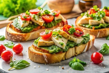 Delicious Chicken Pesto Bruschetta on White Marble Board - Stock Photo