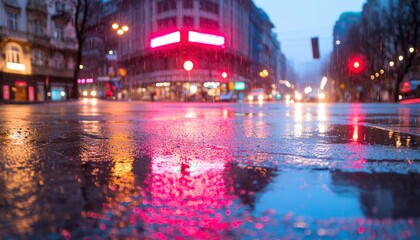Obraz premium Rainy City Street at Dusk with Traffic Reflections