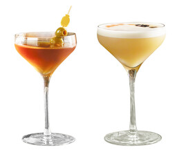 Two stylish cocktails served in elegant martini glasses. One features a classic Bloody Mary with olives, while the other is a creamy espresso cocktail with frothy foam.