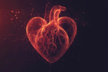 A red heart-shaped vector graphic on a black background, with glowing light effects,