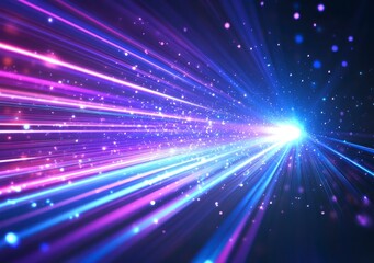 Naklejka premium Blue laser beam light streaks at high speed on a dark background, glowing fast lines of blue and purple colors