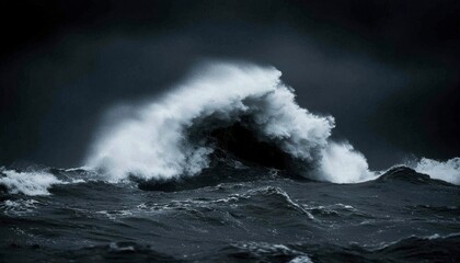 Obraz premium Dramatic ocean wave crashing under dark, stormy sky
