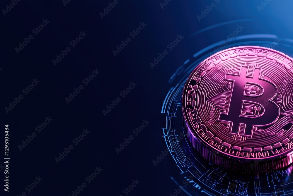 Poster a colorful representation of a bitcoin symbol against a digital backdrop.