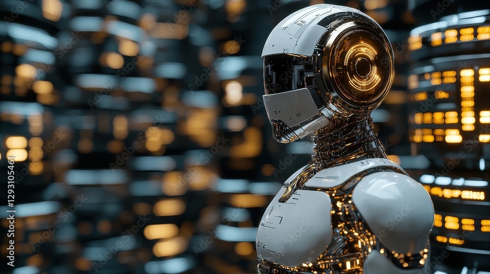 Aufkleber robot with futuristic design standing in front of an illuminated wall of colorful lights in a modern