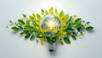 A glowing light bulb with nature, solar panels, and wind turbines inside, representing clean and renewable energy on a white background.