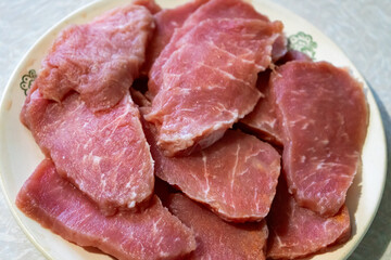 Freshly sliced pork on a plate ready for cooking
