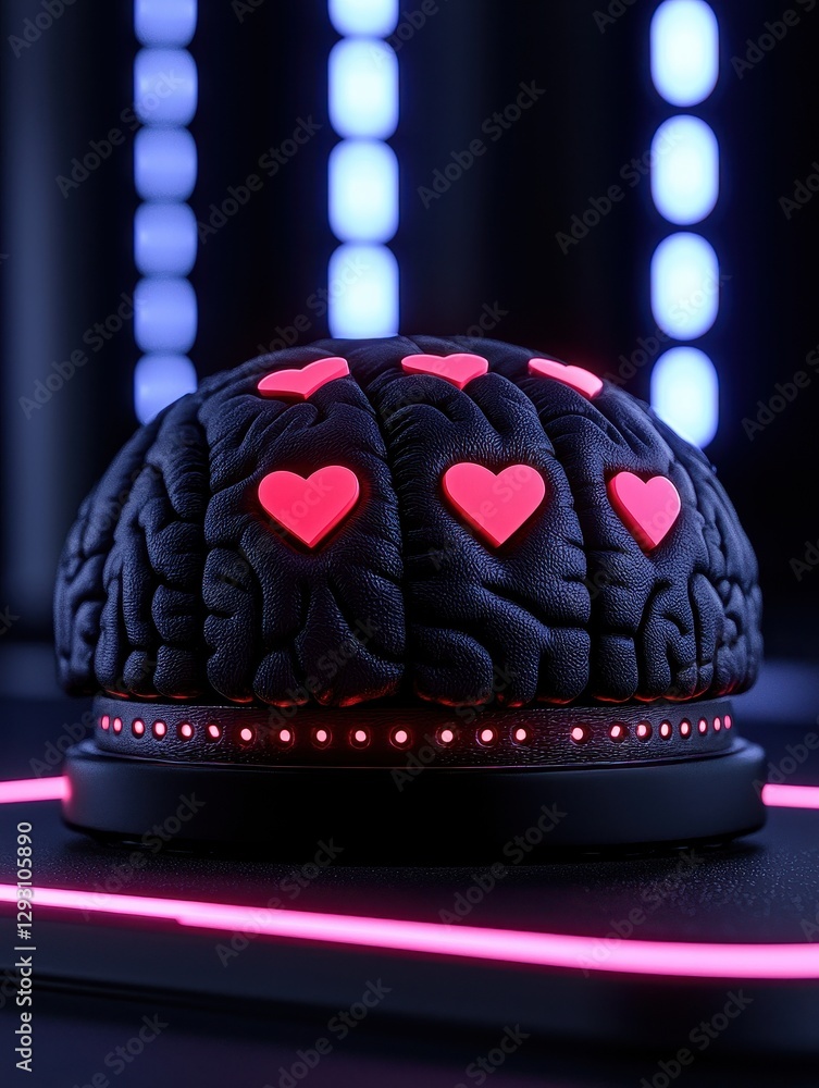 Poster a conceptual image of a brain with heart symbols representing love and emotions.