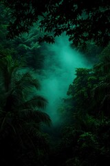 Misty Jungle Path Lush Green Foliage in Foggy Forest
