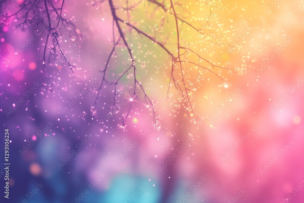 Poster Colorful bokeh background with branches creating a dreamy atmosphere of soft light and hues