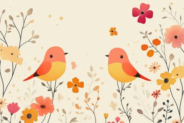 Bright and colorful birds perched among vibrant flowers in a cheerful garden setting