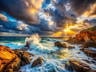 Obraz premium Dramatic Coastal Scene: Rocky Shoreline Meeting the Ocean