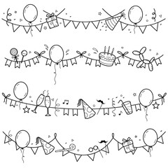 Set of garland for Birthday and  Party. Frame for invitation card, celebration and holidays. Outline illustration, isolated on white background