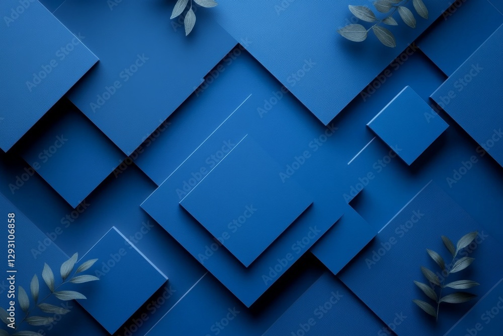 Aufkleber geometric blue patterns with green leaves create a modern and serene artistic composition for design